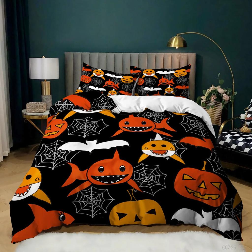 Halloween Bedding Set Gothic Spooky Duvet Cover Pumpkin Lantern Comforter Cover for Kids Boys Bat Spider Web Comforter Cover