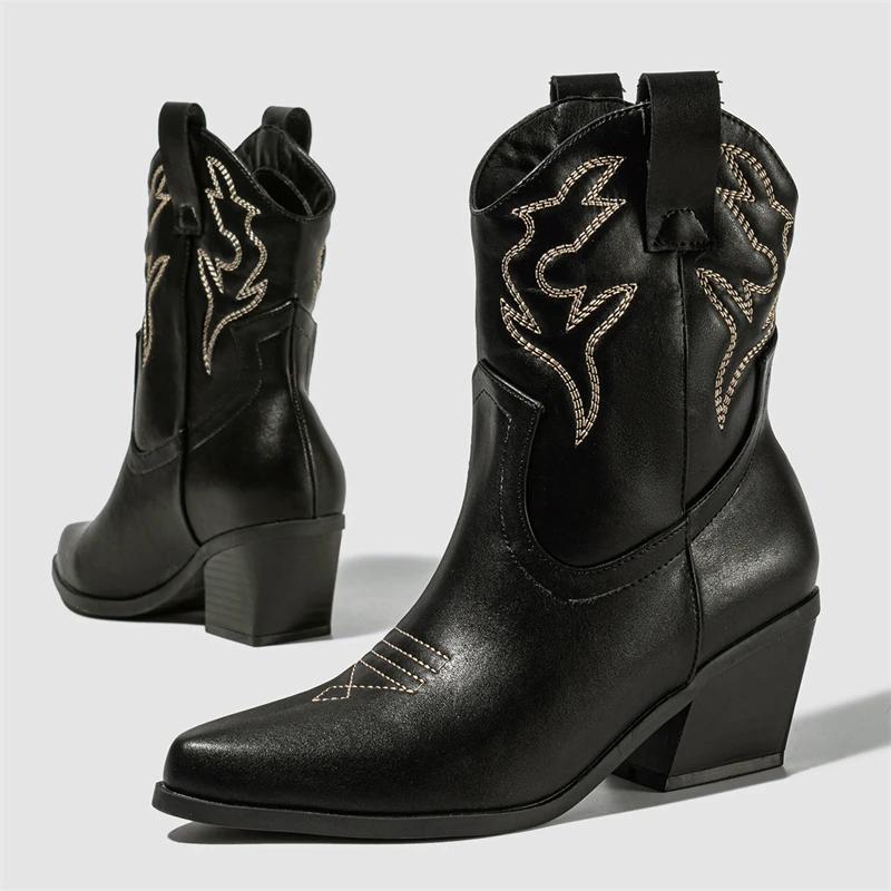 Zimowy Design Styl Punkowy Haft Szpiczasty Nosek Damskie Botki do Kostki Kwadratowy Niski Obcas Krótkie Westernowe Botki Buty