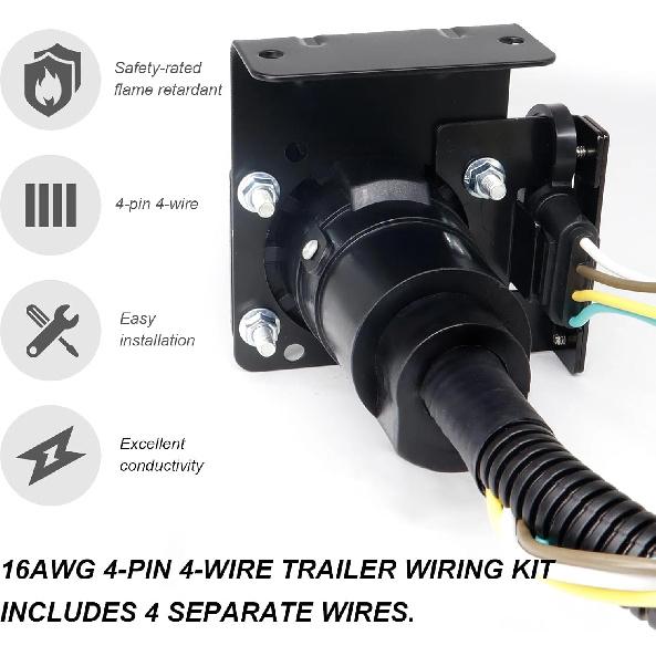4 Pin 4 Wire Trailer Wiring Harness, 16AWG 17 Inch 4 Prong Flat Trailers Light Connector with Dust Cover, 4-Way Trailer Wiring Harness Replacement