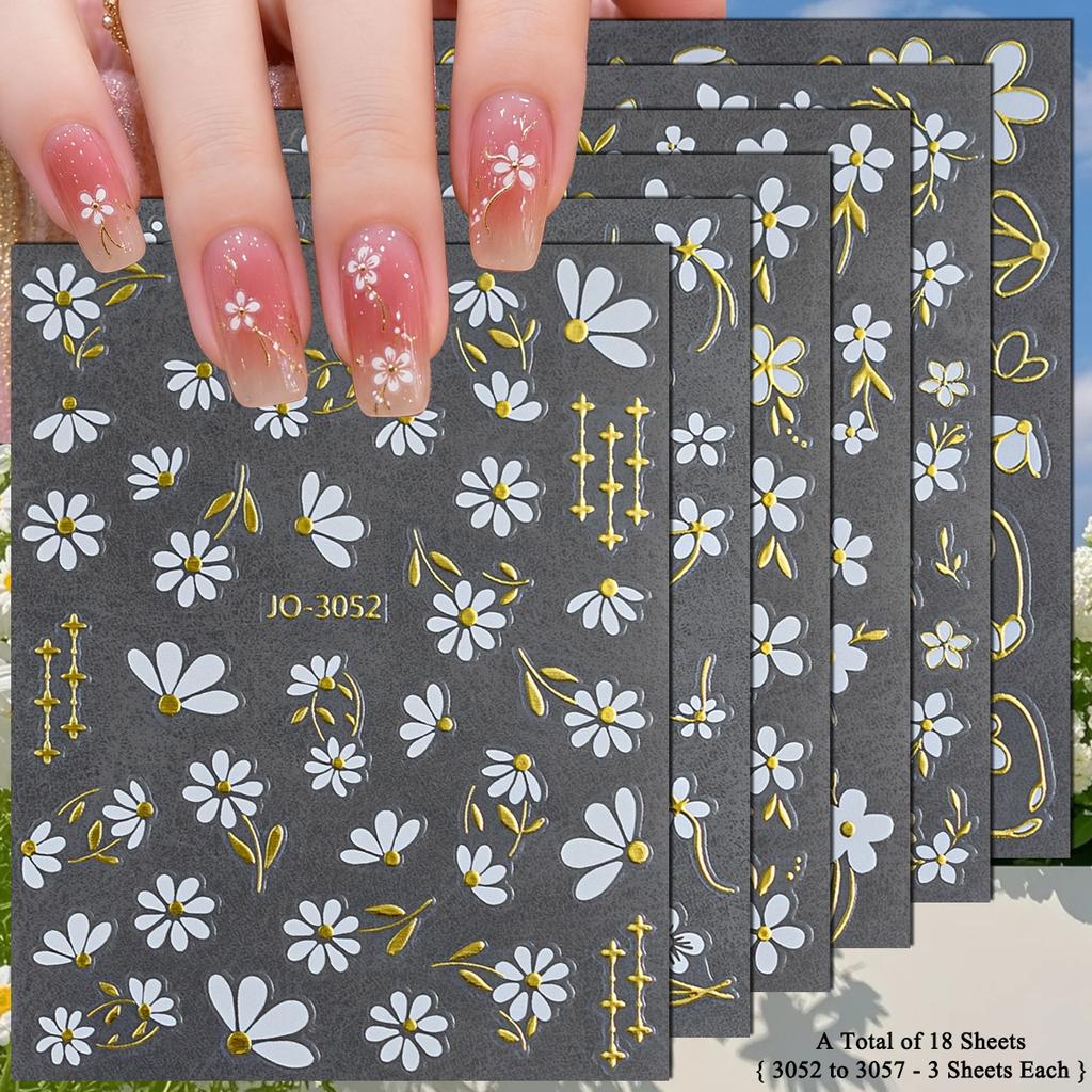 3 To 18 Sheets 3D White Daisy Nail Stickers Gold Line Flower Leaf Decals Self Adhesive Spring Nail Art