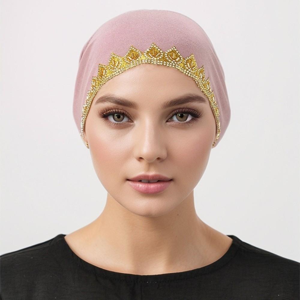 Shiny Golden Rhinestone Inner Hijabs Elasticity Tie Back Undercap Prayer Cap  Religious Headwear