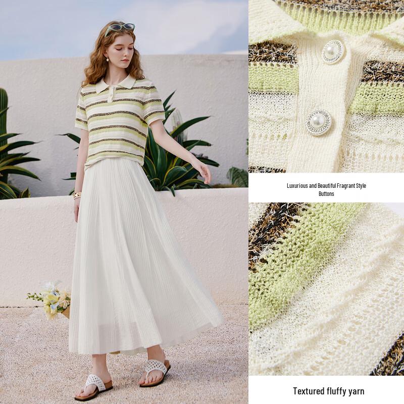 Women's Striped Polo Knit Short-Sleeve Top