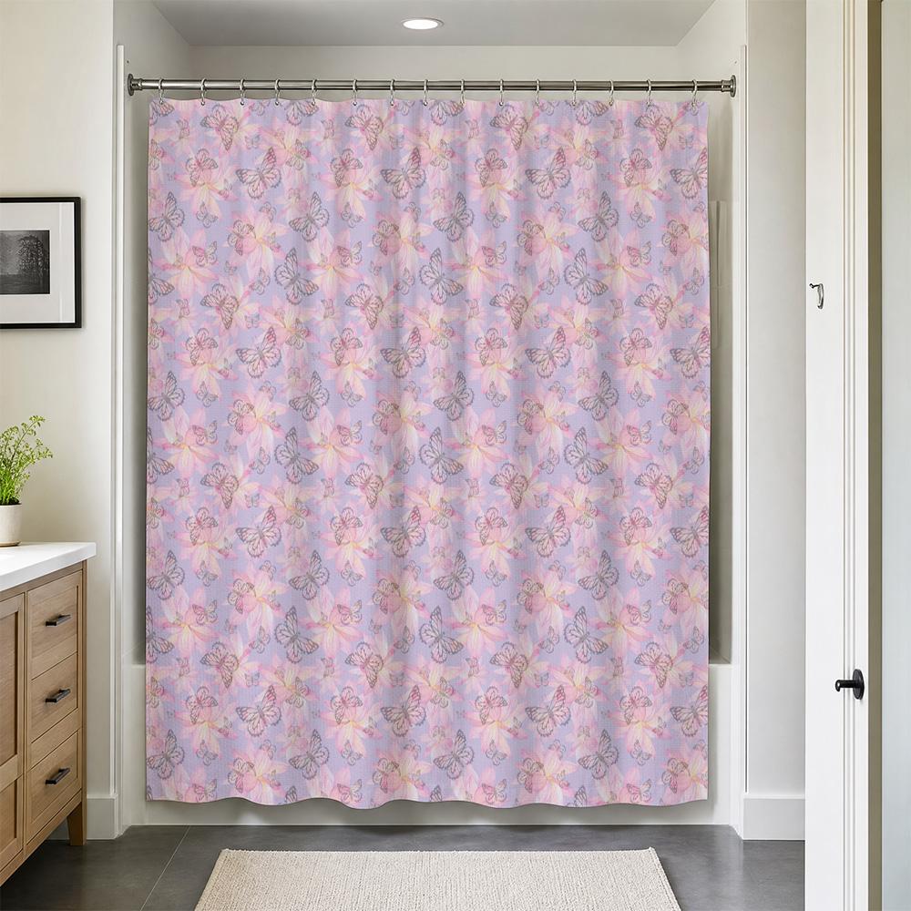 High Quality Waterproof Butterfly Shower Curtain Pink Pastel Floral Bathroom Decor Home Accent Curtain Liner Waterproof Hanging