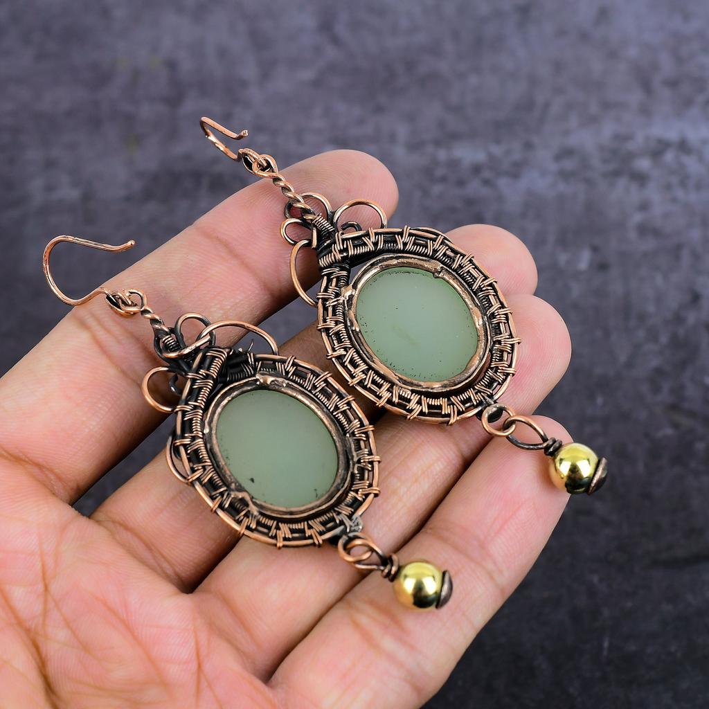 Natural Green Chalcedony Gemstone Copper Wire Wrap Jewelry Earring 3.55" p0p75