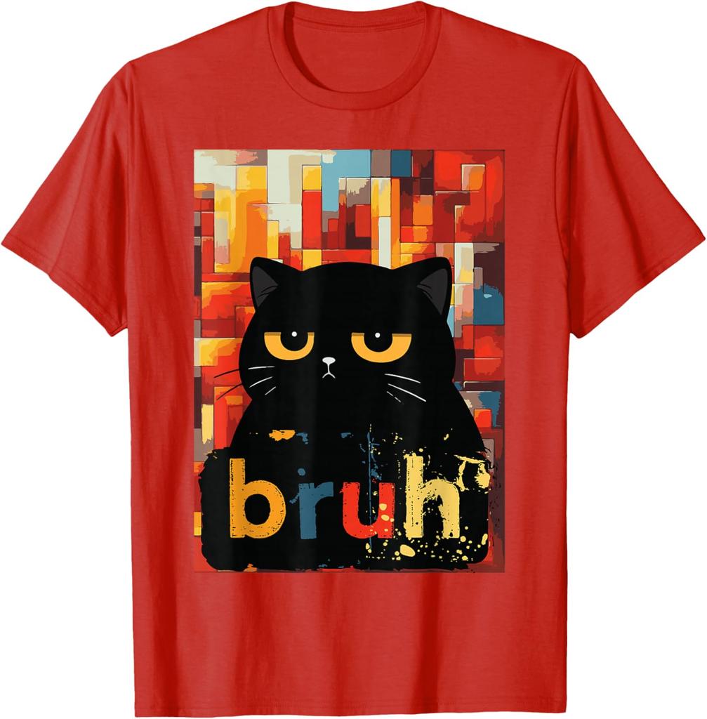 Bruh Black Cat Funny Meme Graphic TShirt Casual Short Sleeve Cotton Crew Neck Tee
