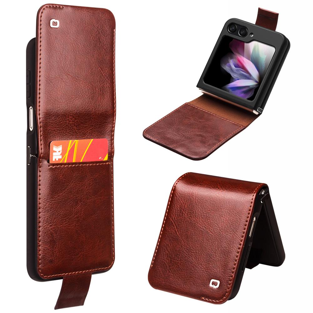 QIALINO For Samsung Galaxy Z Flip5 5G Genuine Cow Leather+PC Phone Case Card Holder Slim Fit Cover