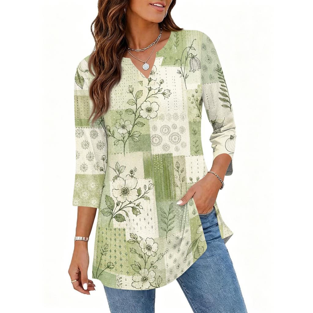Womens Casual V Neck 34 Sleeve Pullover Tunic Top Floral Print Loose Fit Mid Length Blouse for Daily Wear