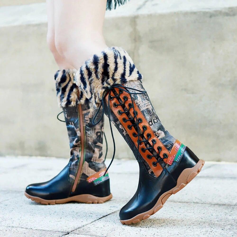 Johnature Genuine Leather Patchwork Printed Long Boots Fashion Versatile Leopard Print Fur Collar Women Shoes
