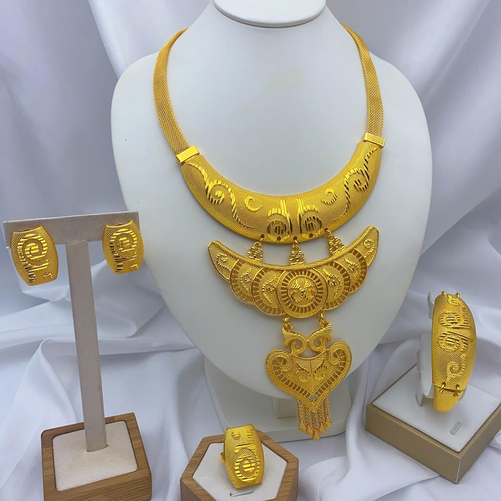 Nytt 24K Guldpläterat Dubai Brudhalsband Örhängen Ring Armband Set Indiska Dam Smyckesset