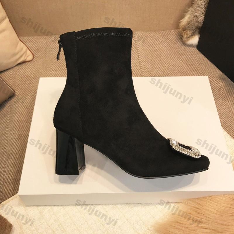 Women's Square Buckle Rhinestone Elastic Socks Boots Women Autumn Winter Suede Square Toe Thick Heel Ankle Boots Zapatos Mujer