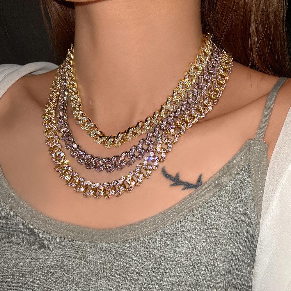 NIEDRIGE MOQ Eisiges Rosa Zirkonia 18 Karat Gold Miami Cuban Link Ketten für Damen Herren