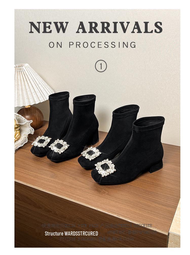 Autumn/Winter Rhinestone Buckle Chunky Heel Slimming Velvet Sock Boots for Women