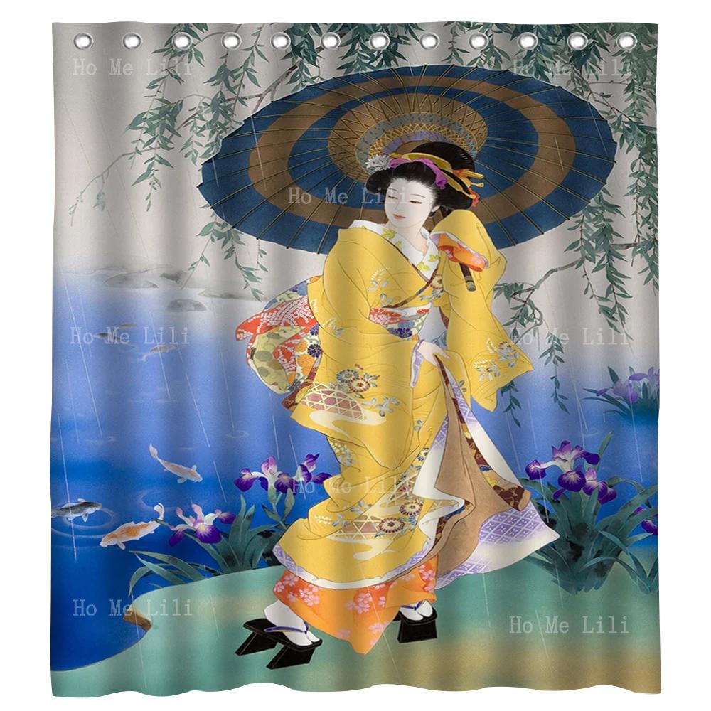 Japanese Traditional Funny Cherry Blossoms Beautiful Kimono Geisha Girl Design Fabric Bathroom Shower Curtain Home Decor