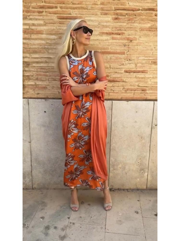 Women's Bohemian Floral Print Sleeveless Dress with Matching Long Red Cape