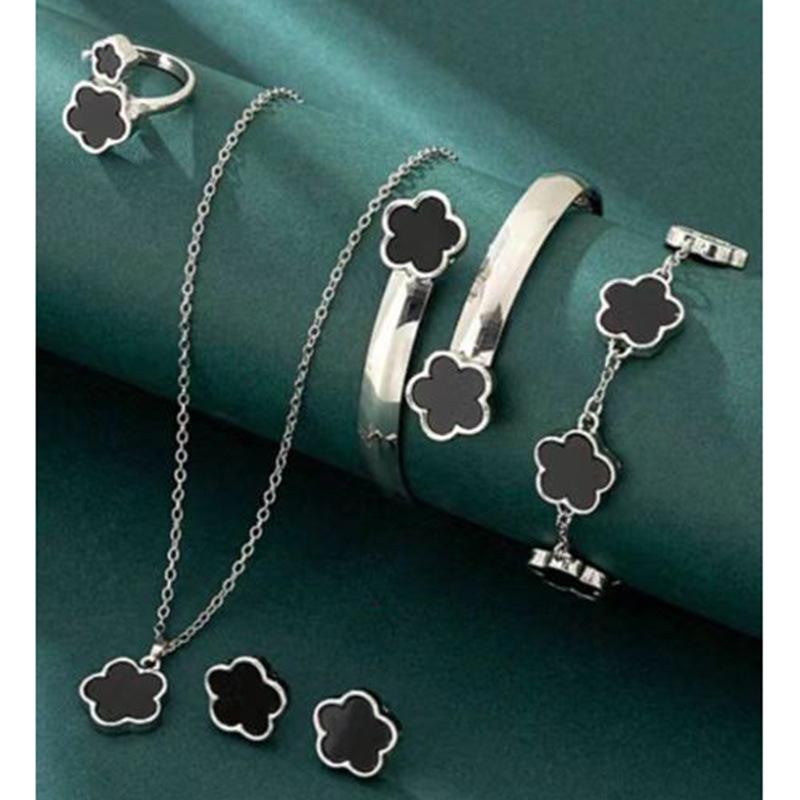 European Elegance: Five-Petal Flower Jewelry Set (Necklace, Bracelet, Bangle, Earrings, Ring)