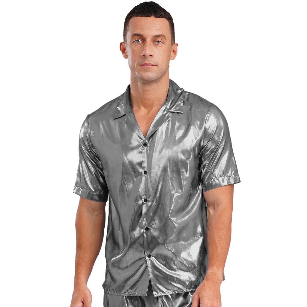 Mens See Through Shirt Turn Down Collar Short Sleeve Water Ripple Shine Beachwear Clubwear Top
