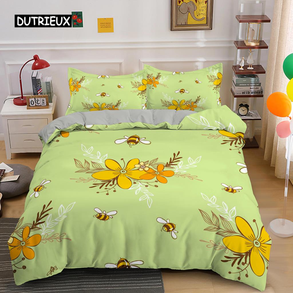 Süße Cartoon-Biene Bettbezug King Queen Honig Bettwäsche Set Kinder Jungen Mädchen Frühling Gelb Polyester Bettdeckenbezug