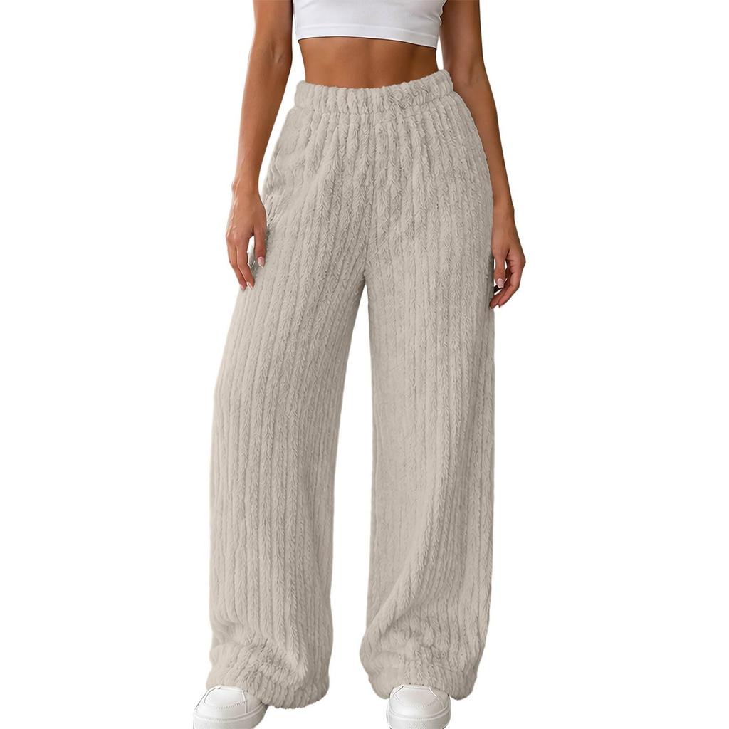 Winter Pants for Women Elastic Waist Fuzzy Wide Leg Casual Trousers