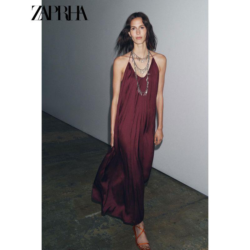 Zaprha 2025 Summer New Round Neck Cross Sling Silk Satin Texture Asymmetric Length Dress 8040019