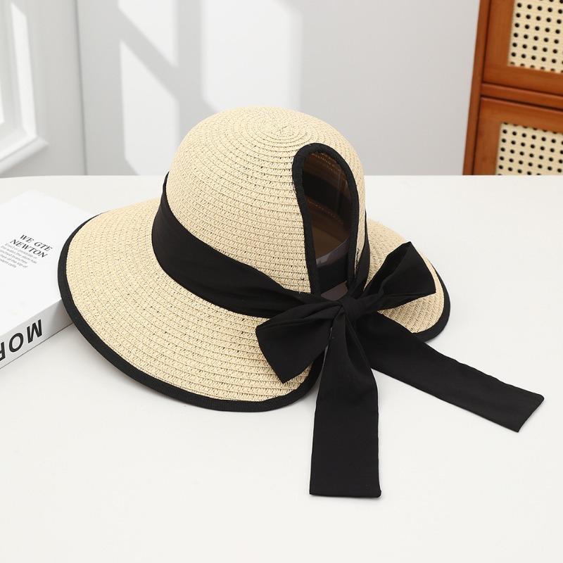 Summer Bow Sun Hat Female, Seaside Beach Vacation Sun Hat Outdoor Big Brim Sun Hat Sweet Straw Hat