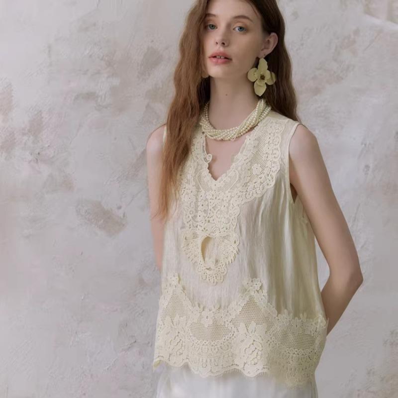 DIMANAF 2026 Neues Weste-T-Shirt Damen Spitze Rundhalsausschnitt Ausgeschnitten Sommerstil Basic Tops T-Shirts Lockere Weste