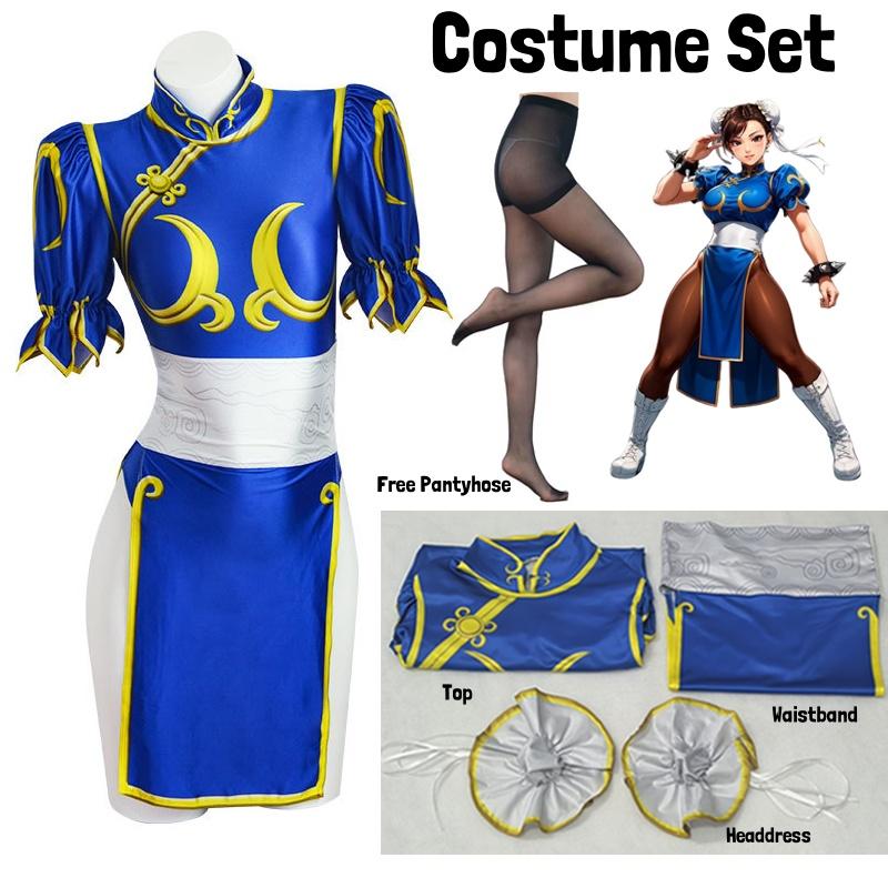 Women s Street Fighter Chun Li Cosplay Costume Game Fighter Chunli Blue Cheongsam with Headdress and Waistband Halloween Costume S