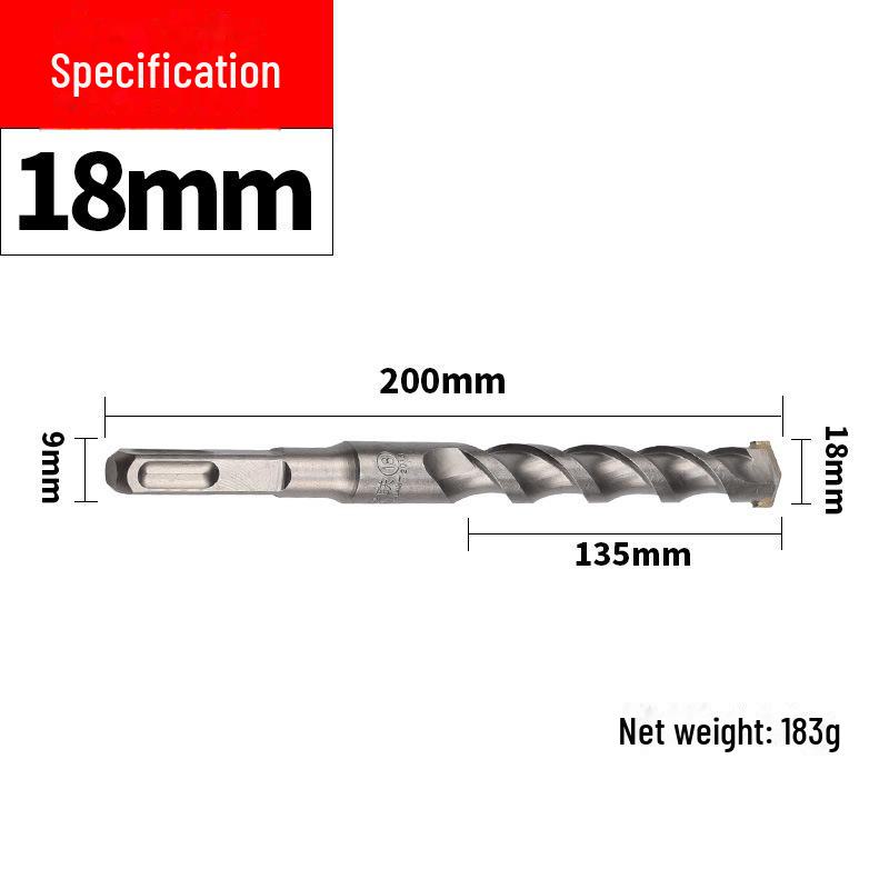 Impact Hammer Drill Bit for Drilling Through Concrete and Cement Walls with Round and Square Handles, Two Pits, and Two Grooves.