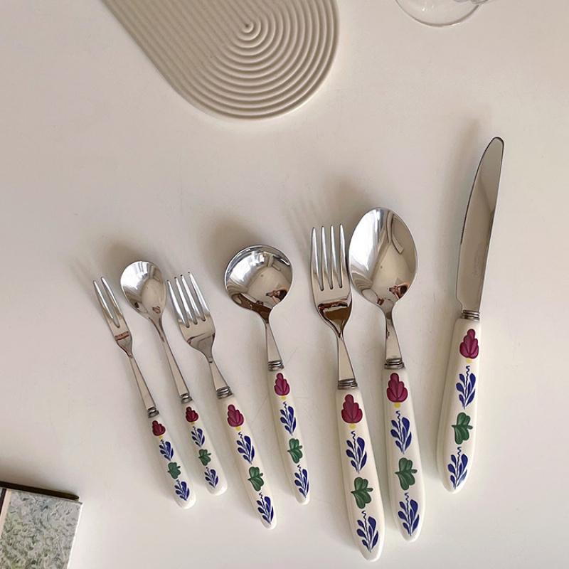 Coltello Cucchiaio Motivo Floreale Retrò Forchetta Acciaio Inossidabile Manico Ceramica Cucchiaino Torta Dessert Forchetta Frutta Set Cucchiaino Caffè