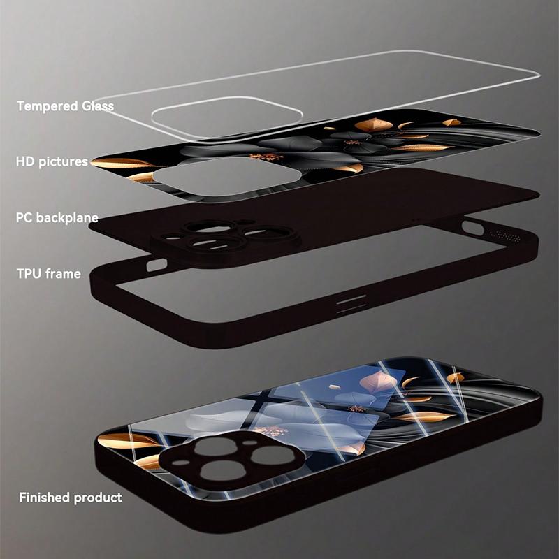 Black Flower Golden Leaf Pattern Tempered Glass Phone Case For iPhone 17 16 15 14 13 12 11 Pro Max 17Air 16E 7 8 Plus XS X Cover