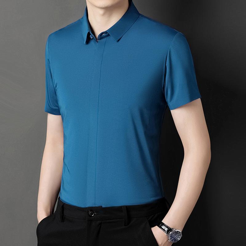 

Бесшовная мужская рубашка с короткими рукавами, летняя однотонная одежда для отдыха без железа, тонкая рубашка для папы среднего возраста, мужская рубашка 4XL