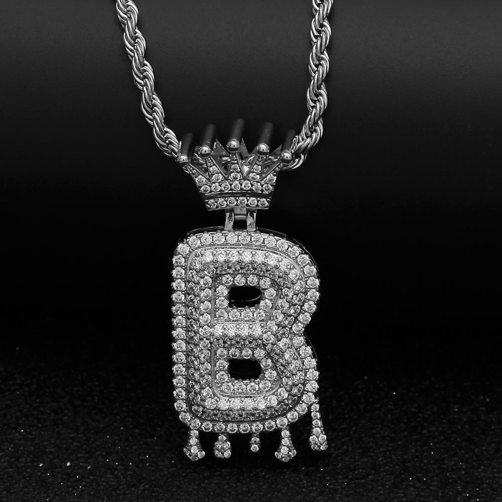Alphabet Crown Bail Drip Bubble Letter Copper Alloy Zircon Water Drop Custom personalized Name pendant necklace A