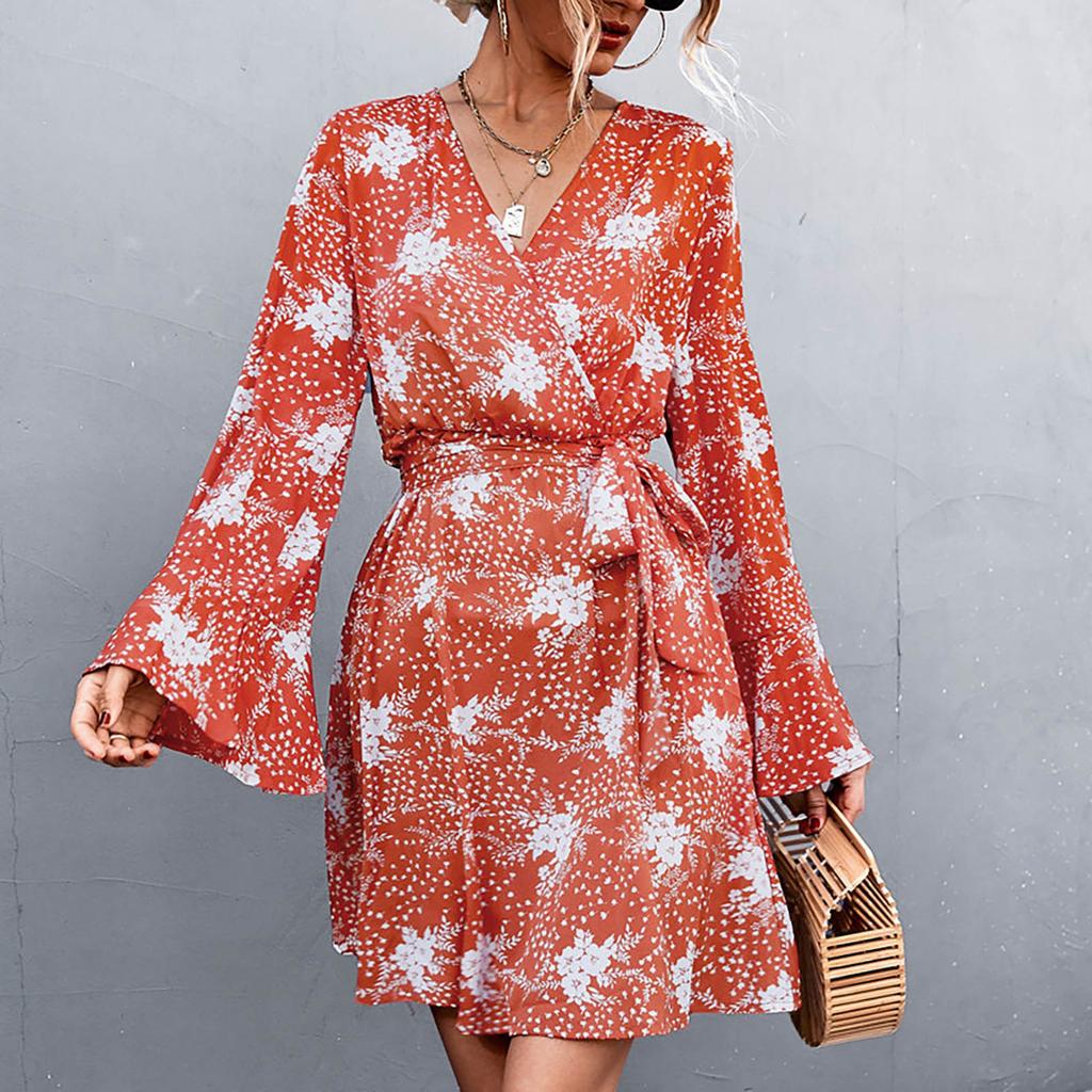 Women's Boho Print Lace-Up V-Neck Long Sleeve Dress