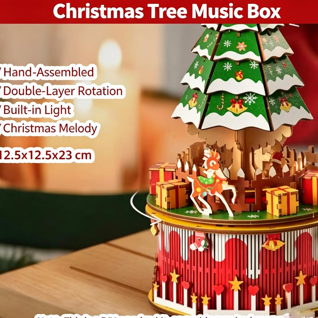 Drehende hölzerne Weihnachtsmusikbox mit Miniatur-Szene, 3D-Puzzle-Modell für Schreibtisch-Urlaubsdekoration