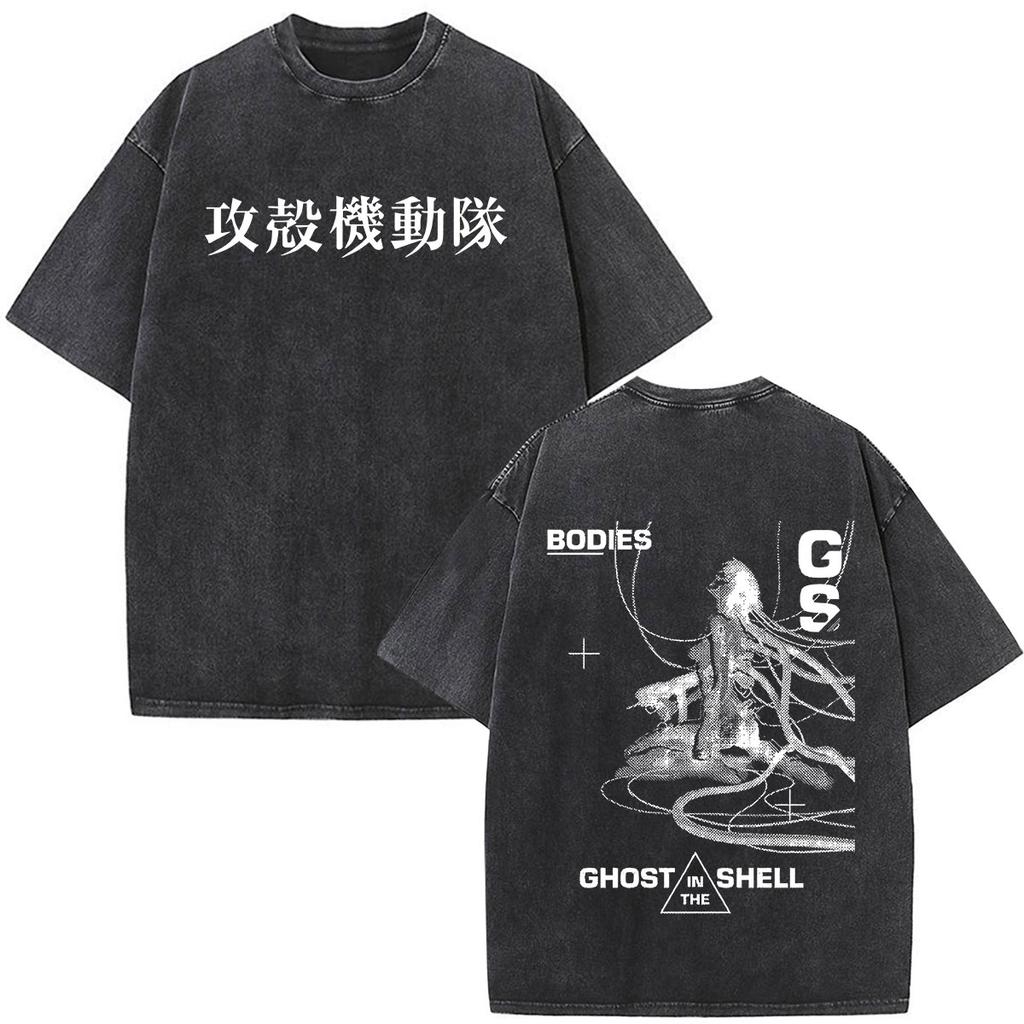 Camisetas Gráficas Vintage Lavadas de Anime Ghost in The Shell Motoko Kusanagi para Hombre y Mujer Moda Camisetas de Manga Corta Oversize