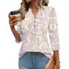 Women’s Fashion Loose Fit Three Quarter Sleeve Top with Print V Neck Button Comfortable Blouse for Daily Wear