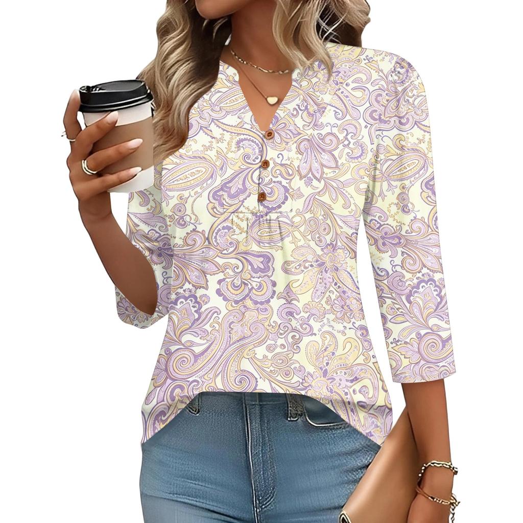 Women’s Fashion Loose Fit Three Quarter Sleeve Top with Print V Neck Button Comfortable Blouse for Daily Wear