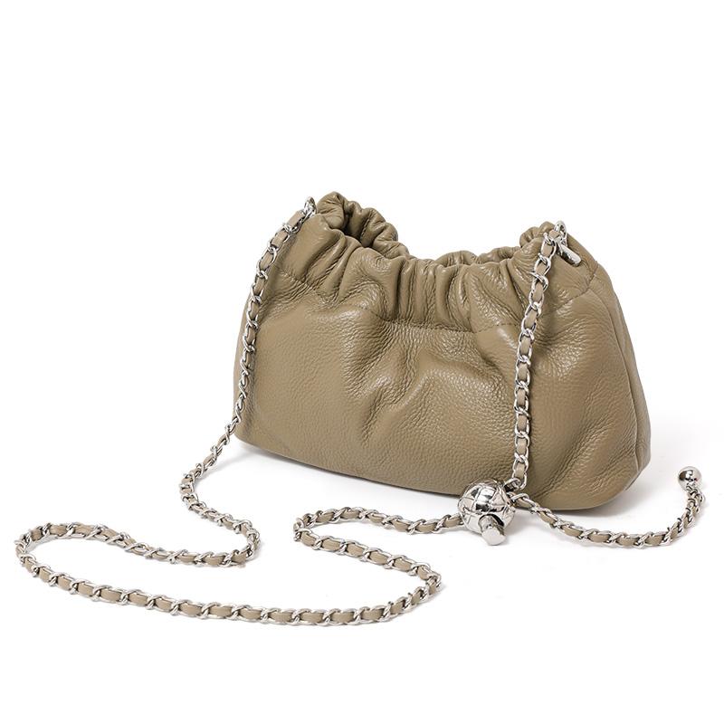 Genuine Cowhide Pleated Cloud Bag Soft Leather Dumpling Shoulder Crossbody Bag with Chain