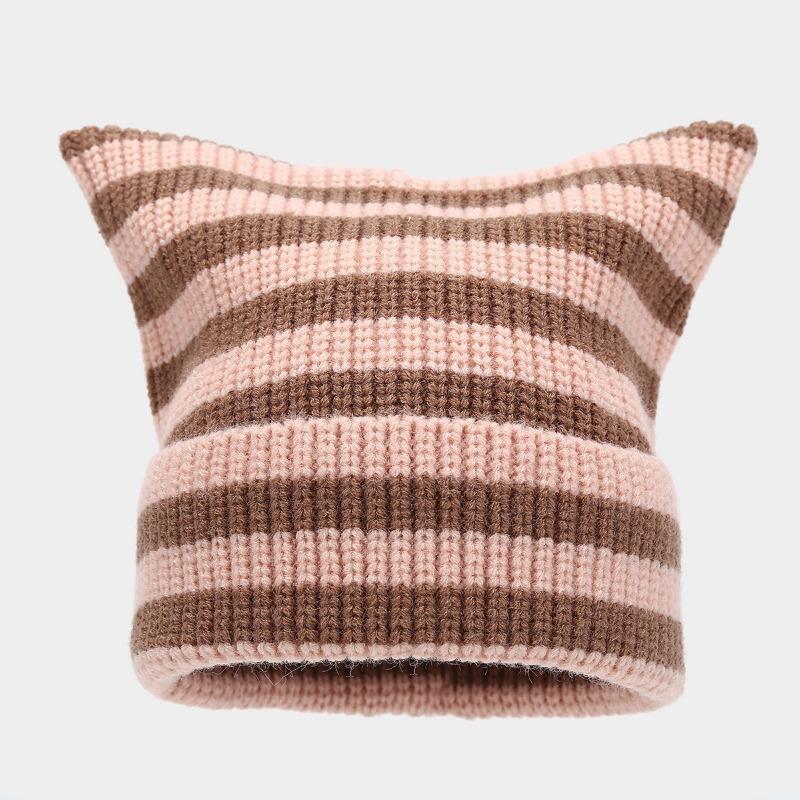 Black and White Striped Cat Ear Hat Thermal Pullover Hat Knitted Hat Fashionable Versatile Cold Hat