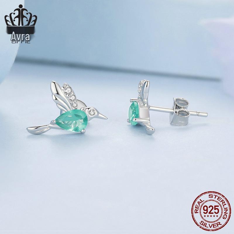 Avle S925 Sterling Silver Light Green Teardrop Hummingbird Earrings