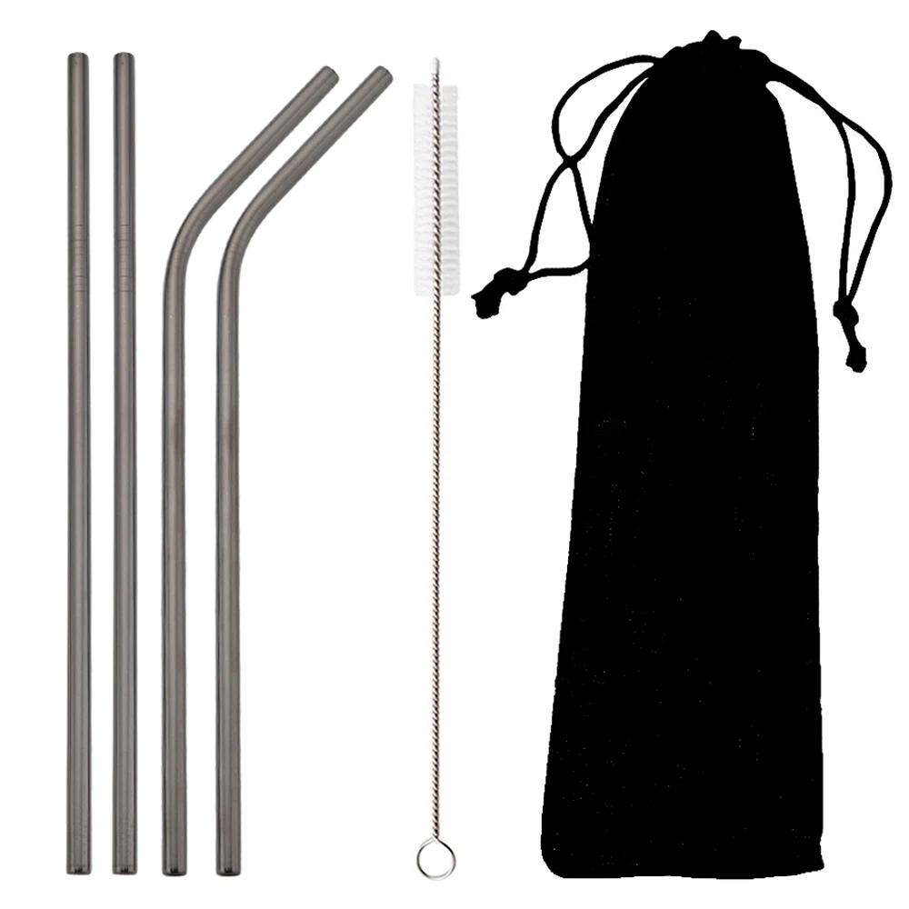Black Reusable Metal Drinking Straws Stainless Steel Sturdy Bent Straight Drinking Straw with Cleaning Brush Bar Party Accessory
