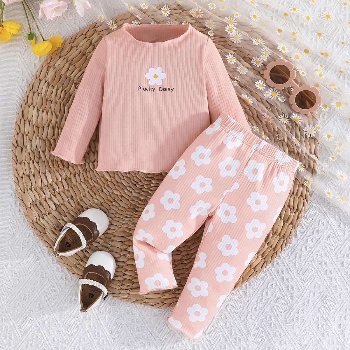 

2PCS Baby Girl Floral Print Ribbed Top & Pants Set, Long Sleeve Lettuce Trim Casual Outf 18-24M baby рожевий колір