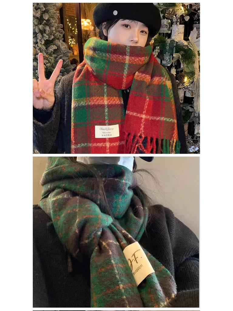 Women's Christmas Plaid Scarf - Autumn/Winter Korean-Style, Versatile Imitation Cashmere Shawl with Tassels