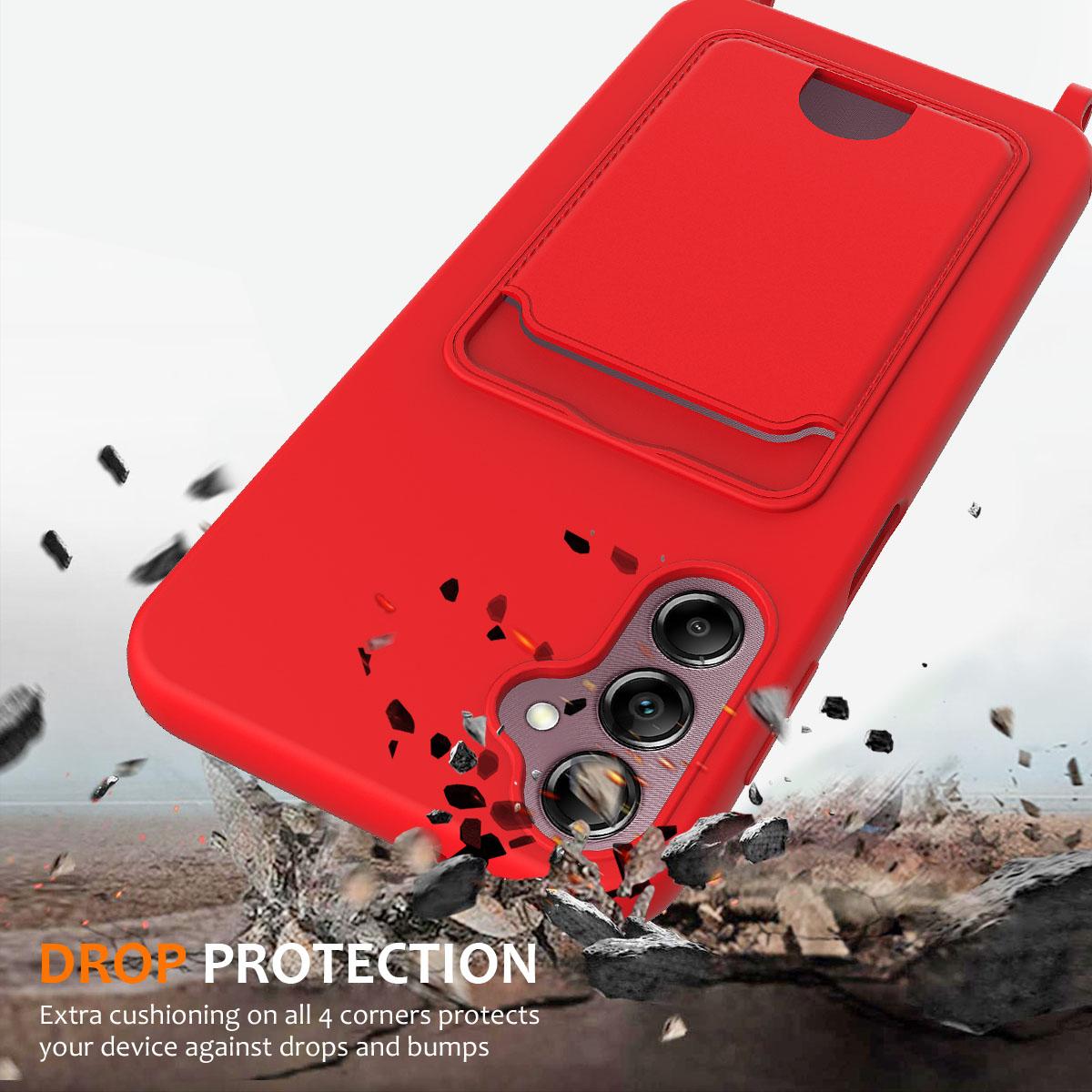 

For Samsung Galaxy S24 FE Case Liquid Silicone Card Holder Phone Back Cover with Lanyard Yellow