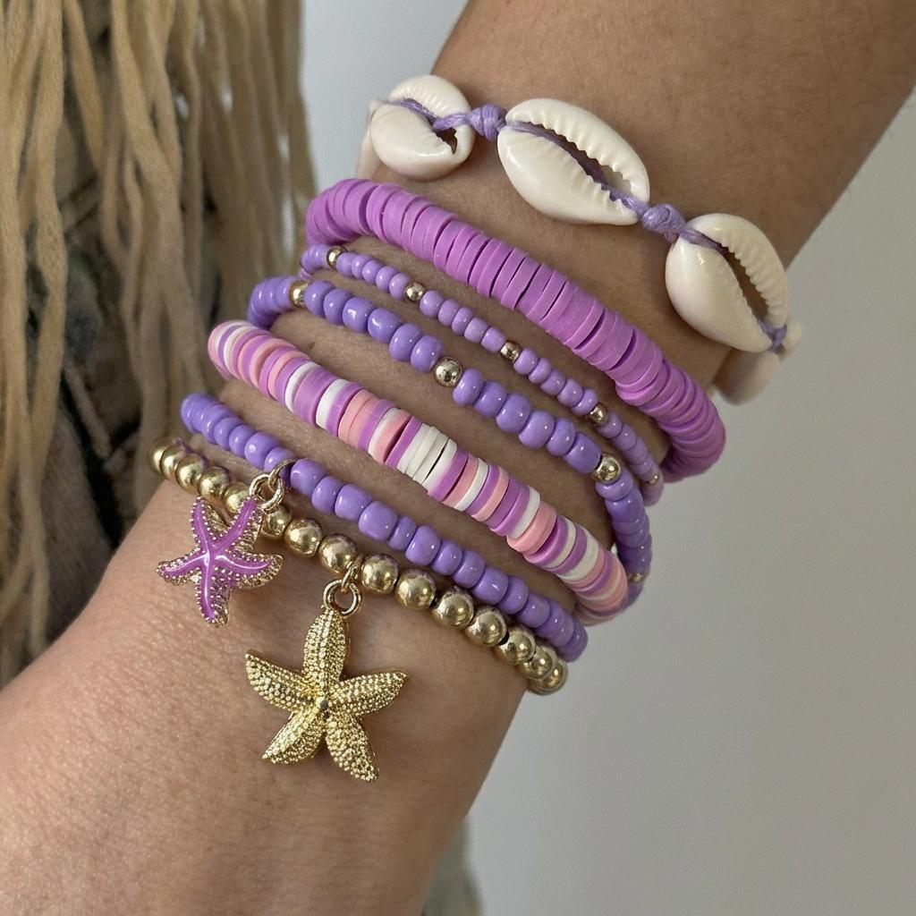 7Pcs Bohemia Multilayer Ocean Style Starfish Shell Beads Bracelets For Women Beach Vacation Stretchy Strand Chain Bangle Jewelry