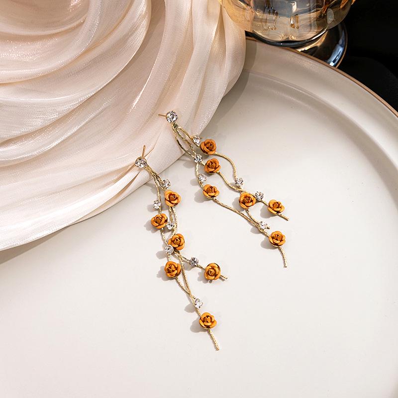Elegant Korean Rose Tassel Earrings: 925 Sterling Silver, Studded with Diamonds