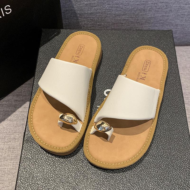 New One-pedal Toe Slippers Women's Summer 2025 Outer Wear Metal Buckle Versatile Flat Bottom One-word Cool Slippers French