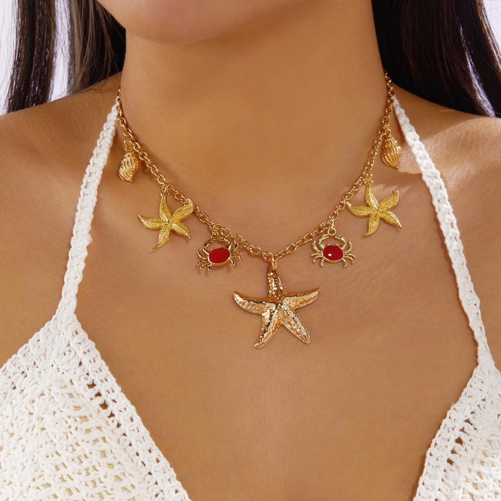 Bohemian Handmade Multi Pendant Necklace for Women Starfish Conch Shell Crab Chain Choker Girl Ocean Beach Vacation Jewelry
