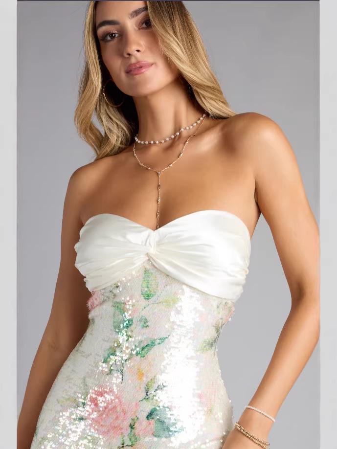New Floral Lace-up Bandeau Bowknot Dress for Women