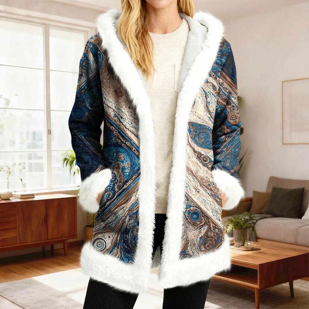 Lässiger Damen-Fleece-Kapuzen-Cardigan mit Taschen Warme Oberbekleidung