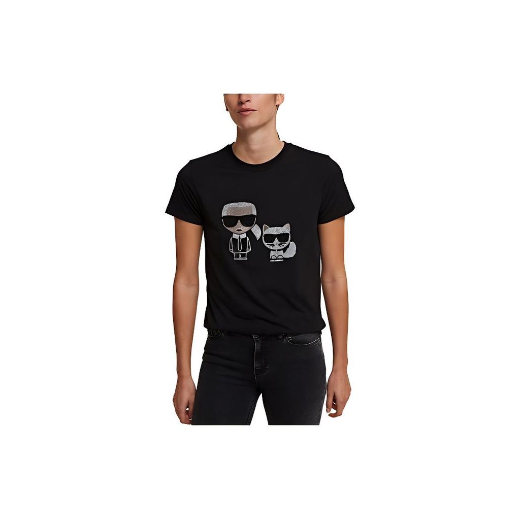Karl Lagerfeld Karl Pattern Crystal Embellished Fitted Round Neck Short Sleeve T-Shirt Women Tops Black 210W1725999